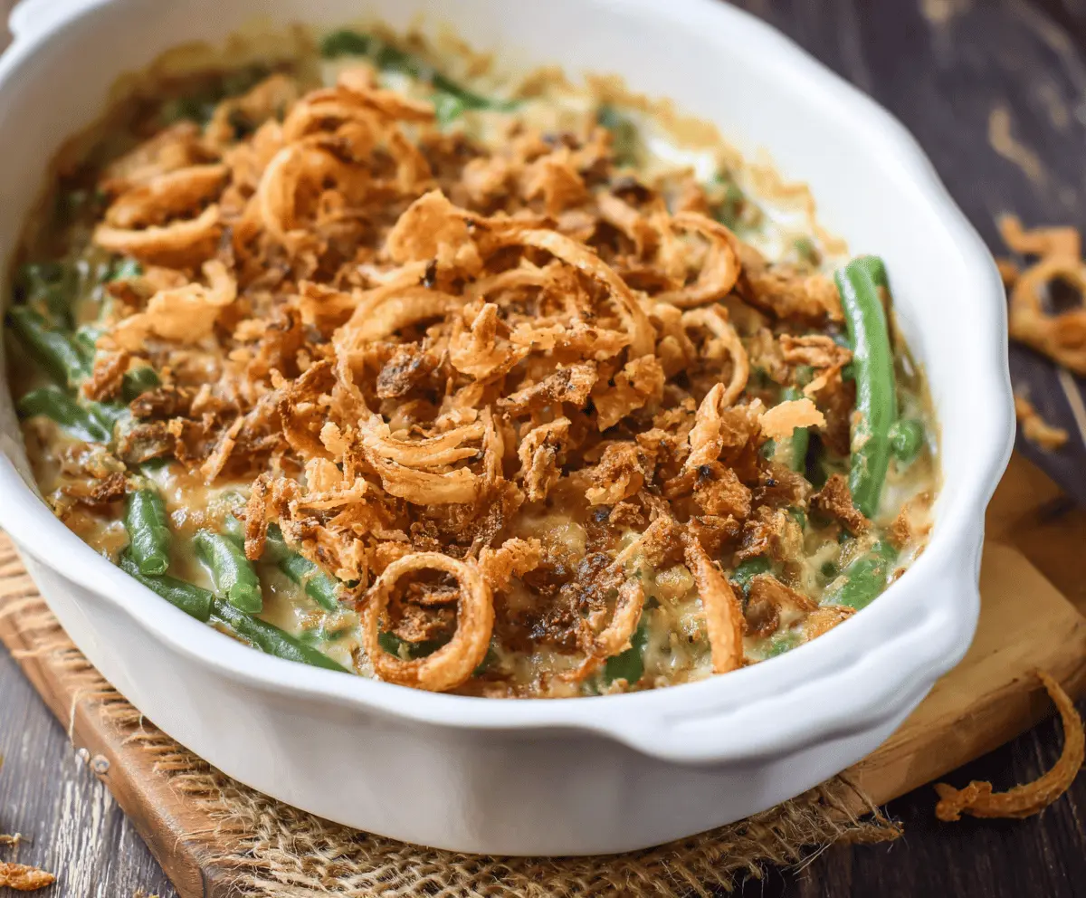 Delicious homemade Campbell's green bean casserole with crispy fried onions on top.