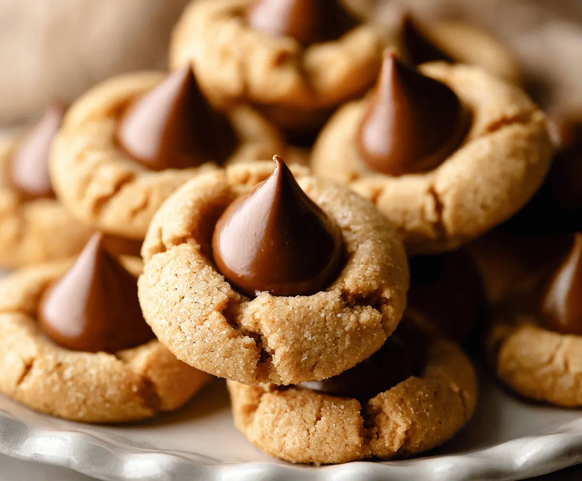 Delicious homemade peanut butter blossoms with chocolate kisses on a plate