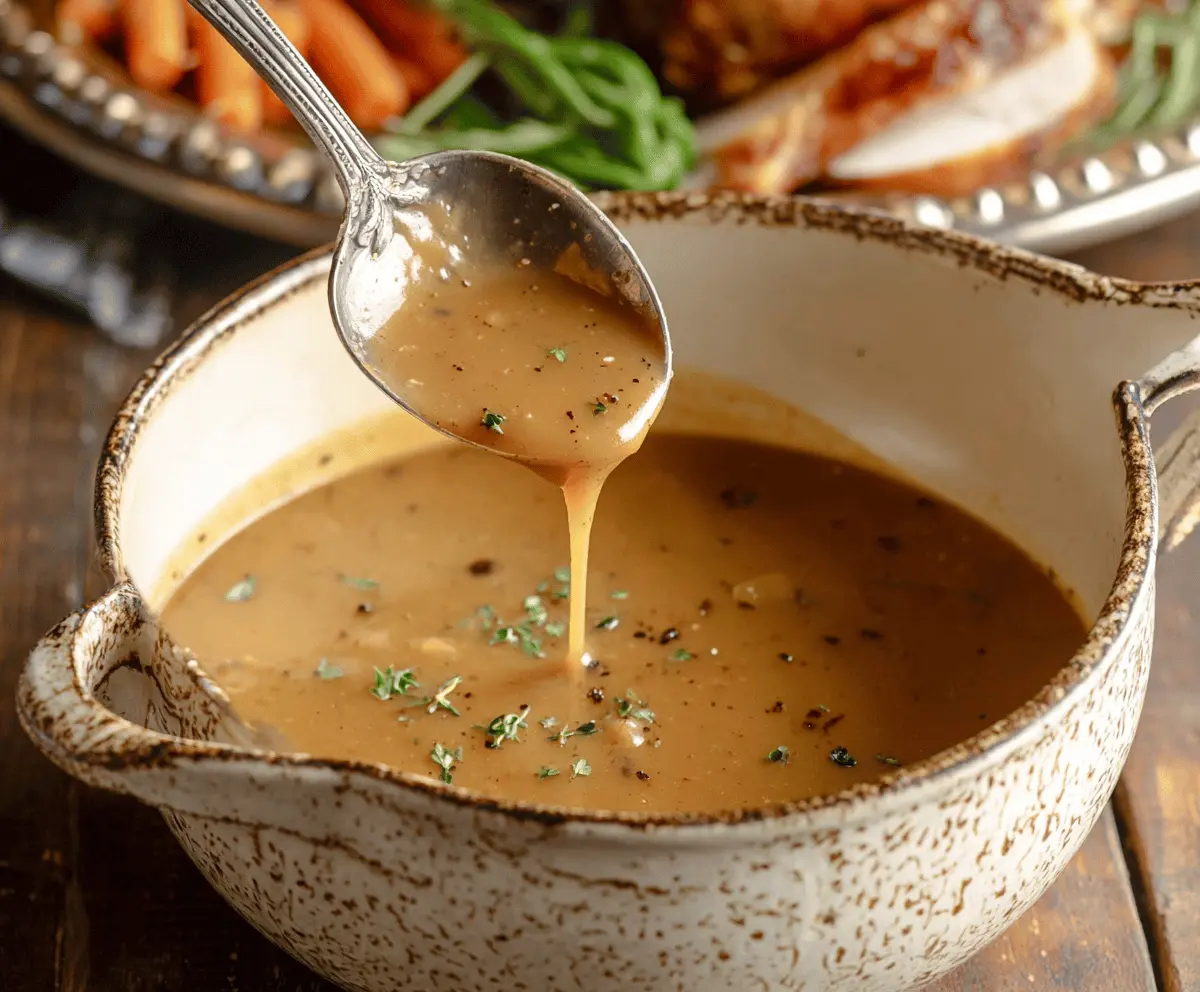 Creamy and flavorful turkey gravy served with a perfect roast turkey for a festive meal.