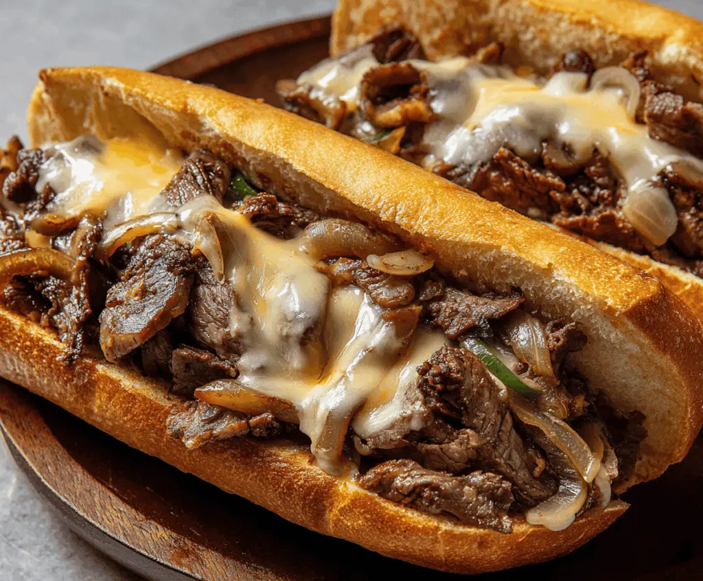 Delicious Philly Cheesesteak sandwich with melted cheese, grilled steak, and fresh hoagie bun.