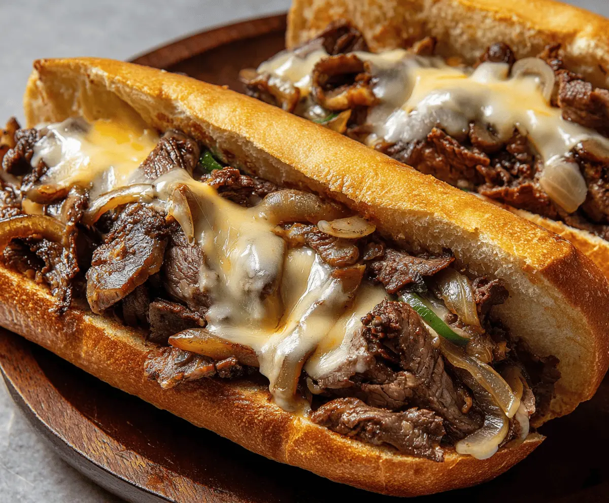 Delicious Philly Cheesesteak sandwich with melted cheese, grilled steak, and fresh hoagie bun.