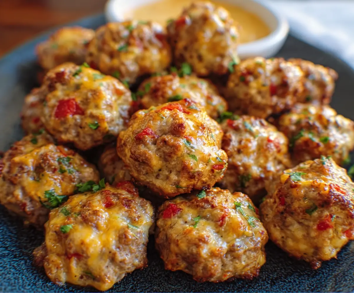 Delicious Pioneer Woman Rotel Cream Cheese Sausage Balls served on a platter, perfect for parties and gatherings.