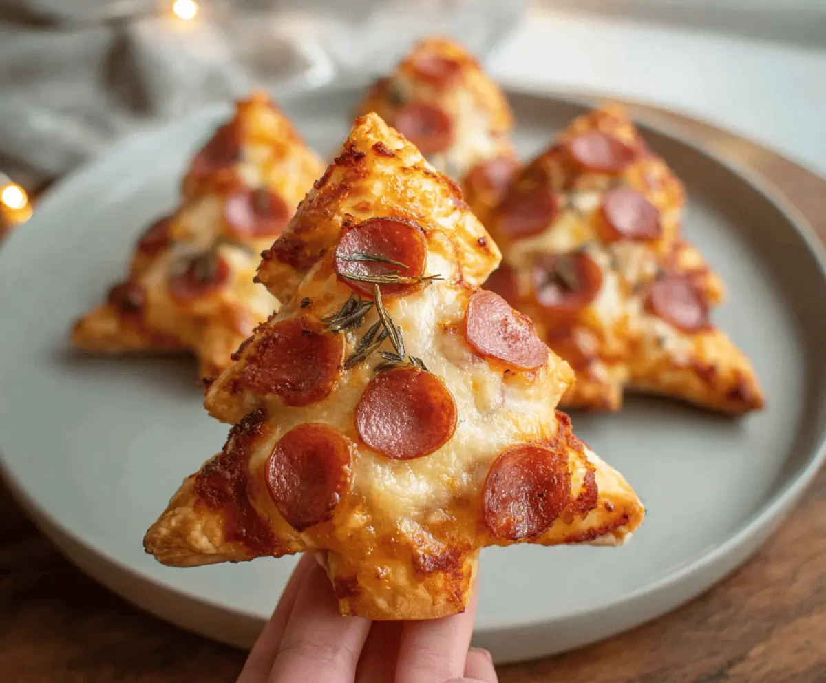 Delicious puff pastry Christmas tree pizza bites with melted cheese and festive toppings perfect for holiday parties.