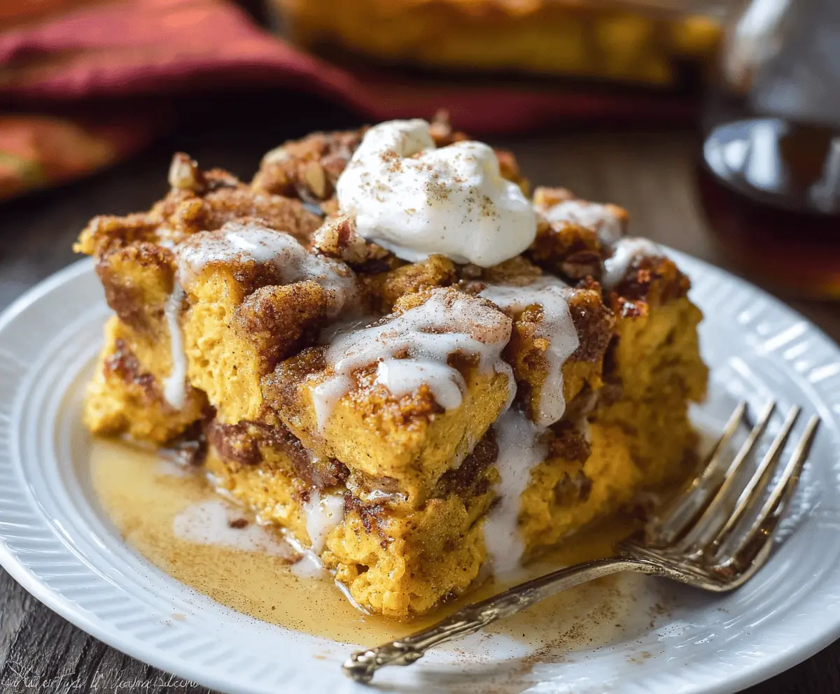 Delicious Pumpkin Spice French Toast Casserole topped with whipped cream and cinnamon for a cozy breakfast.