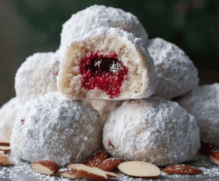 Raspberry Filled Almond Snowball Cookies