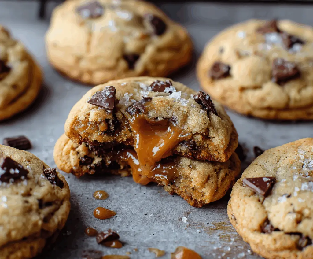 Delicious salted caramel chocolate chip cookies fresh out of the oven with gooey chocolate and caramel chunks.