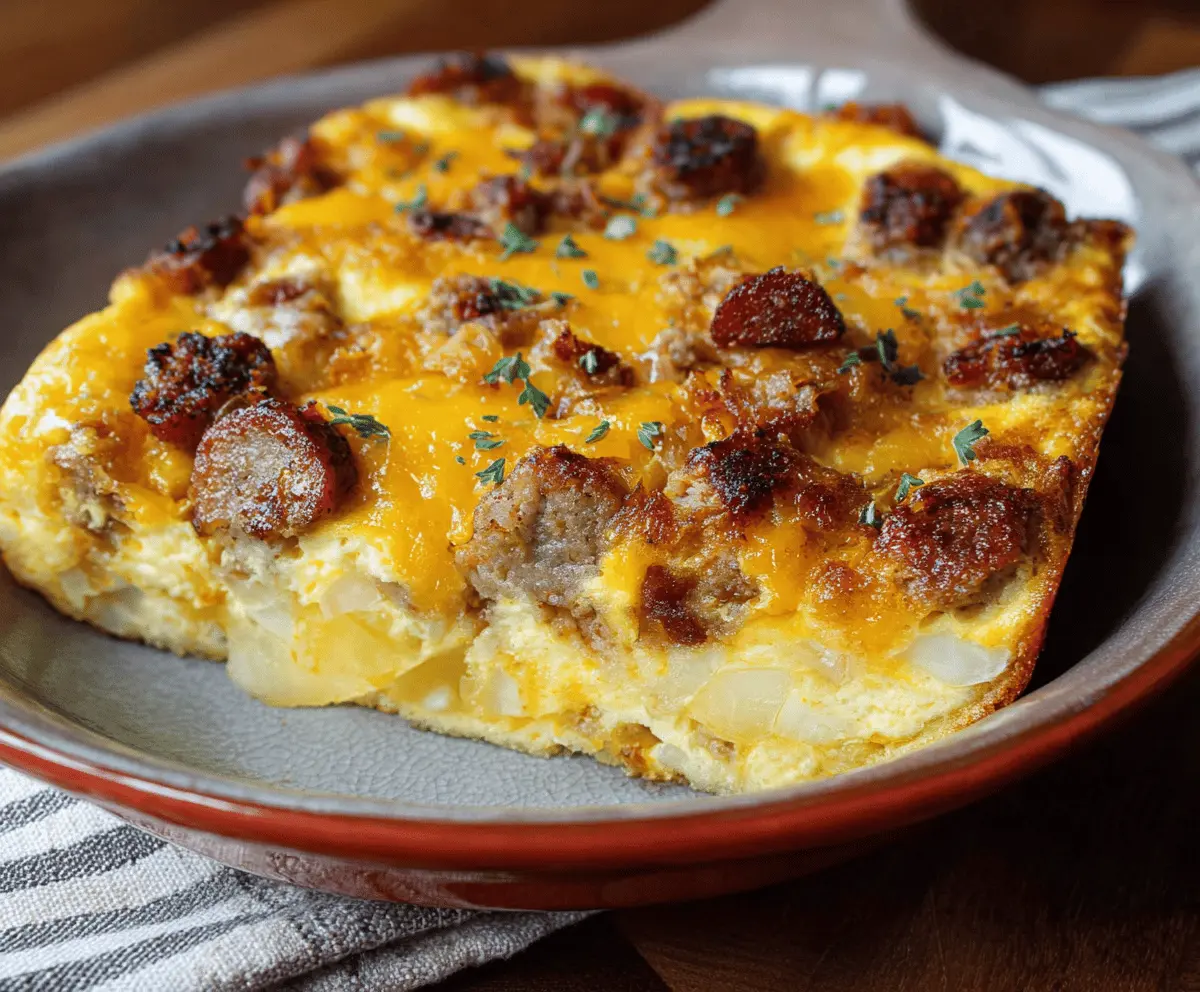 Delicious sausage and egg casserole with melted cheese, perfect for breakfast or brunch.