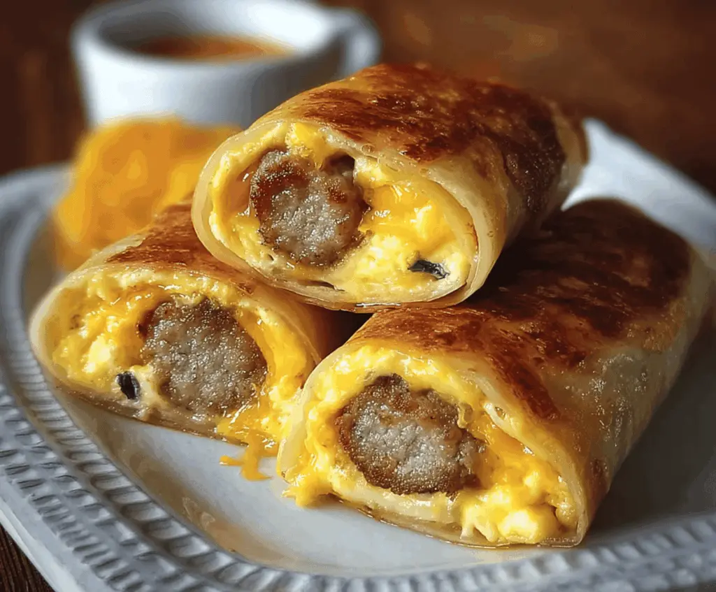 Delicious sausage egg breakfast roll-ups on a plate, perfect for a quick morning meal.