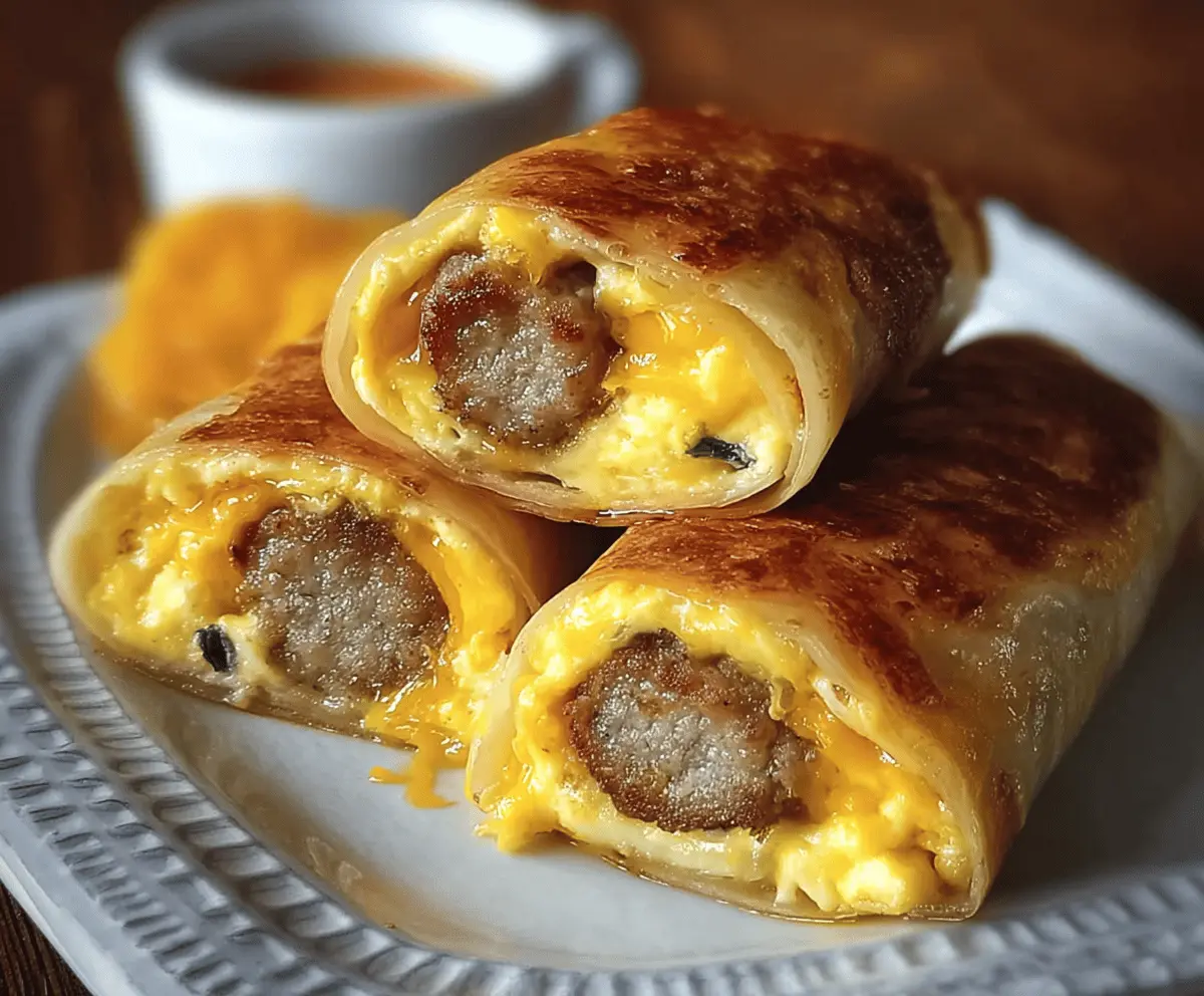Delicious sausage egg breakfast roll-ups on a plate, perfect for a quick morning meal.