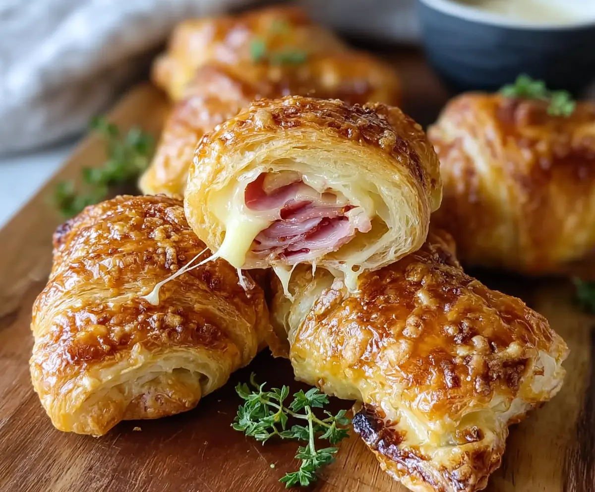 Golden, flaky croissants filled with savory ham and melted cheese, perfect for breakfast or snacks.