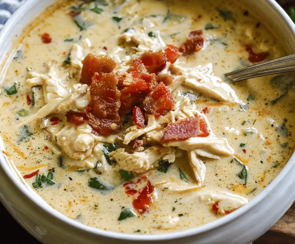 Hearty Slow Cooker Creamy Crack Chicken Soup in a bowl garnished with herbs.