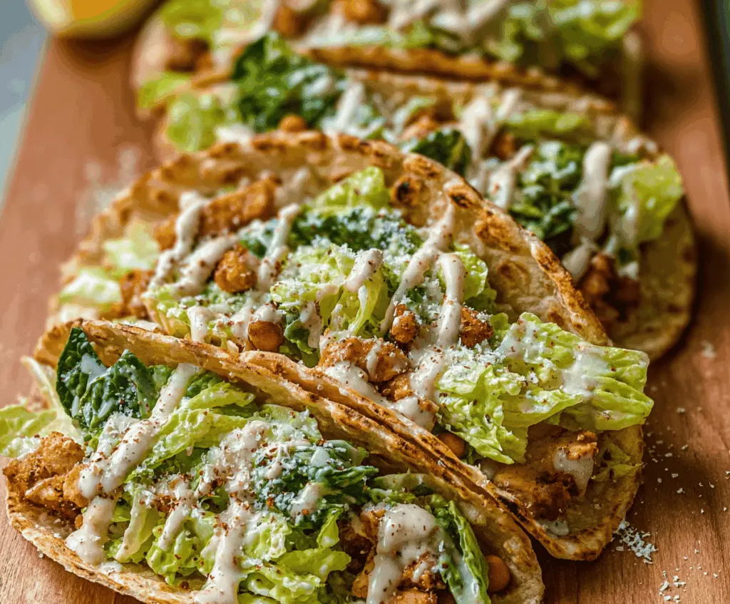 Delicious Smash Chicken Caesar Tacos topped with fresh lettuce and parmesan cheese.