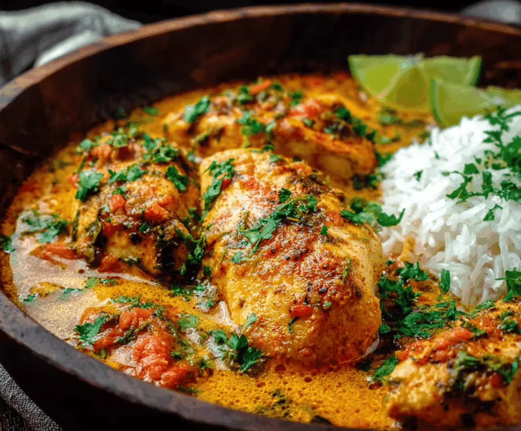 Savory spicy Brazilian coconut chicken served with fresh herbs and rice.