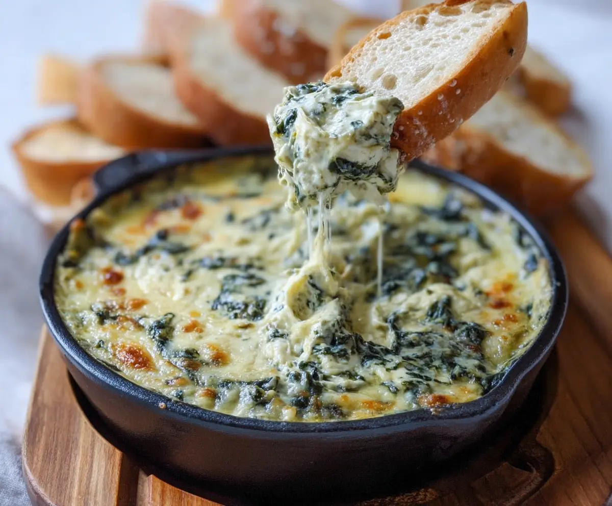 Delicious creamy spinach and artichoke dip served with bread and veggies, perfect for parties.