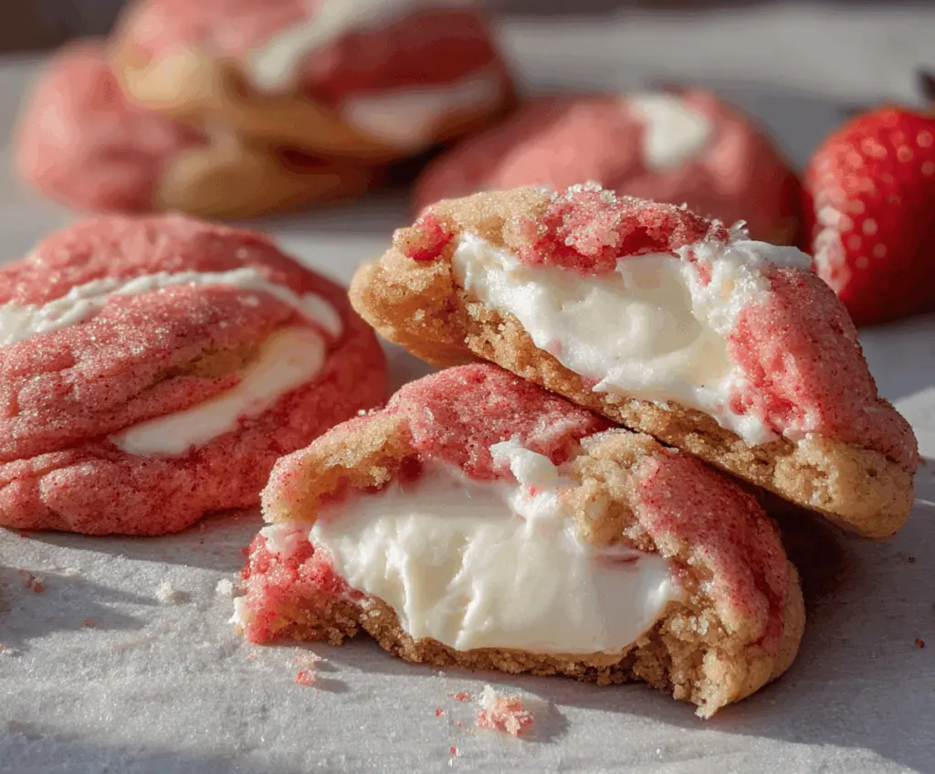 Delicious strawberry cheesecake stuffed cookies with a golden baked exterior and creamy filling.