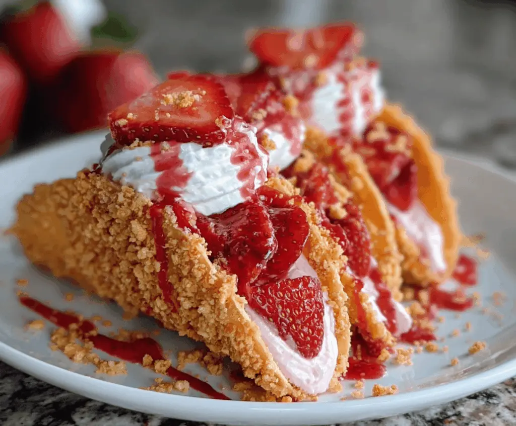 Delicious Strawberry Crunch Cheesecake Tacos with fresh strawberries and creamy cheese filling on a decorative plate.