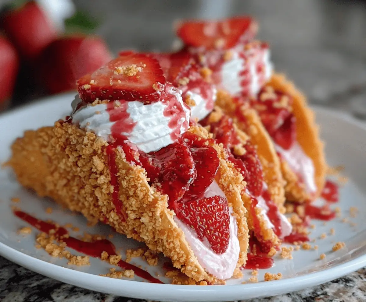 Delicious Strawberry Crunch Cheesecake Tacos with fresh strawberries and creamy cheese filling on a decorative plate.