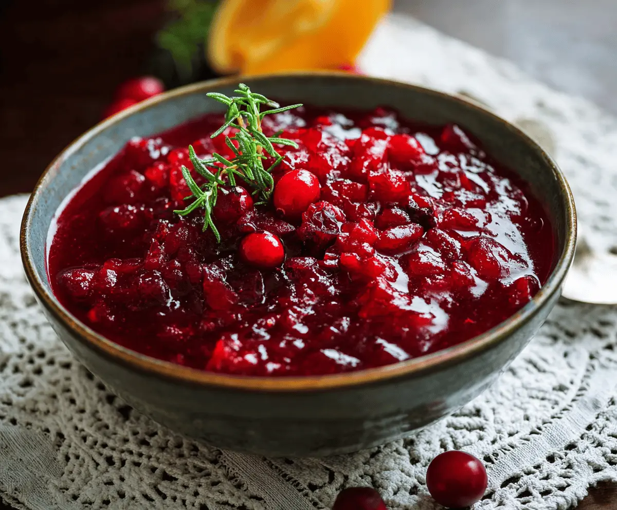 Delicious homemade Christmas cranberry sauce in a glass bowl, perfect for holiday dinners.