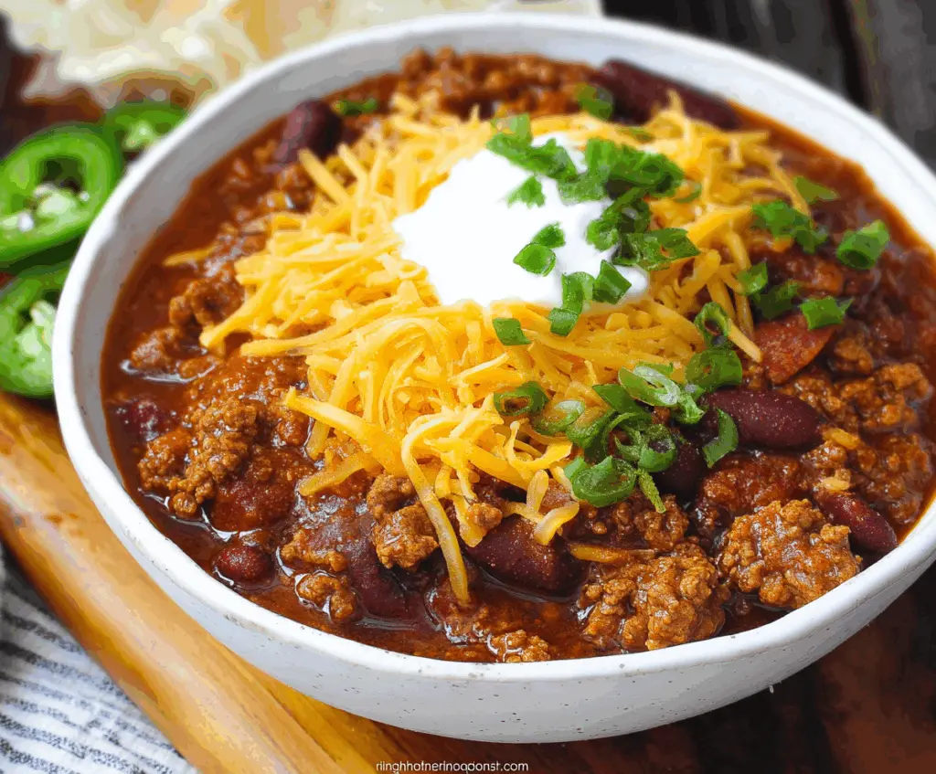 Delicious bowl of The Pioneer Woman Chili with rich tomatoes, beans, and seasoned beef.