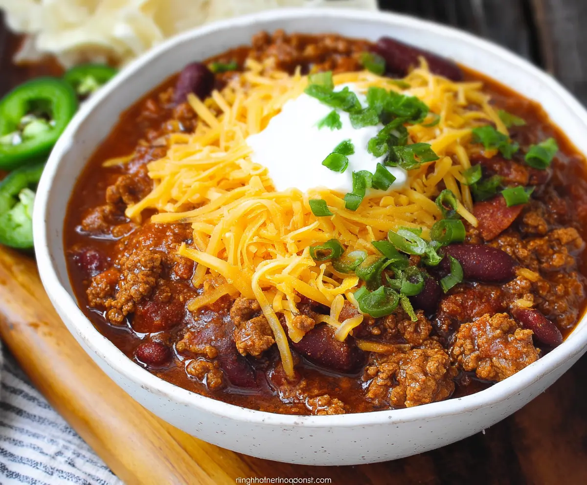 Delicious bowl of The Pioneer Woman Chili with rich tomatoes, beans, and seasoned beef.