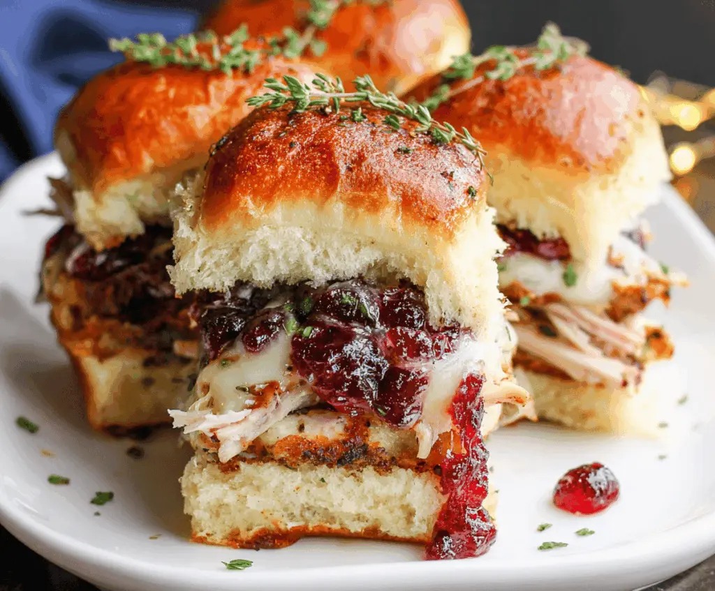Delicious Turkey Cranberry Sliders with fresh bread, turkey slices, and cranberry sauce on a serving platter.