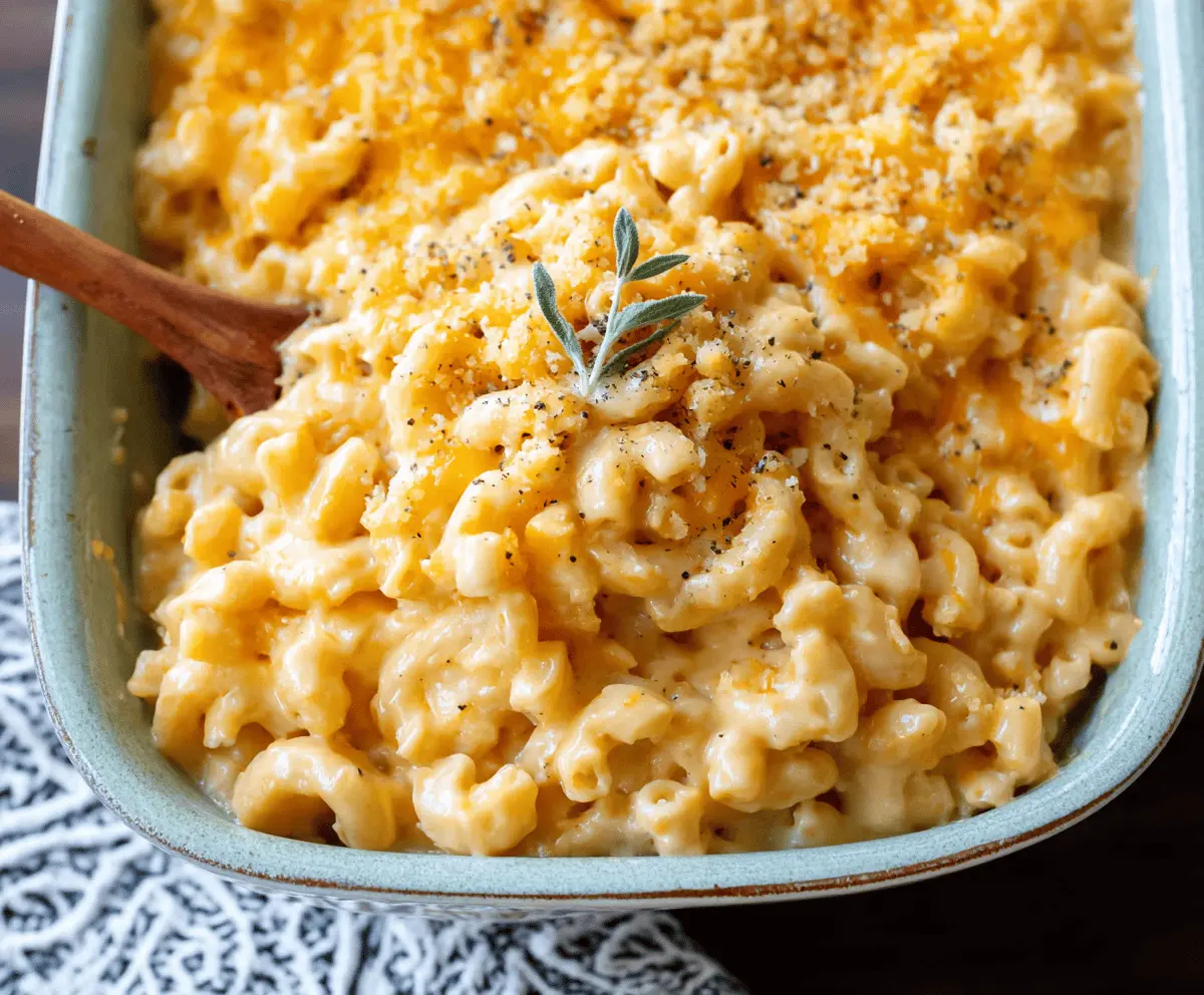 Comforting bowl of creamy mac and cheese topped with golden cheese crust