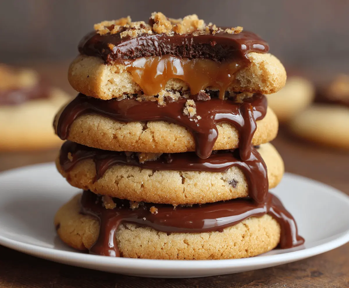 Delicious ultimate Twix-style cookies with caramel, chocolate, and cookie layers on a rustic wooden table.