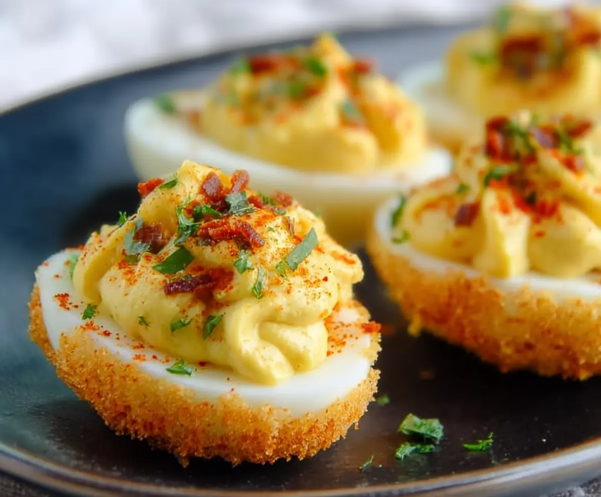 Delicious air fryer deviled eggs with creamy filling and paprika topping, perfect for snacks and party appetizers.