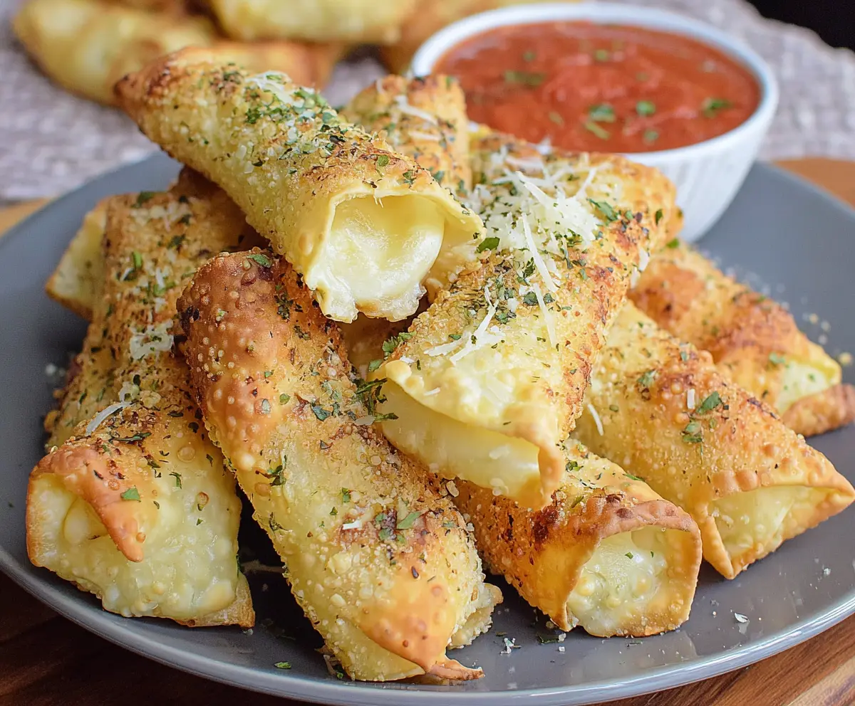 Crispy Air Fryer Wonton Mozzarella Sticks served with marinara sauce