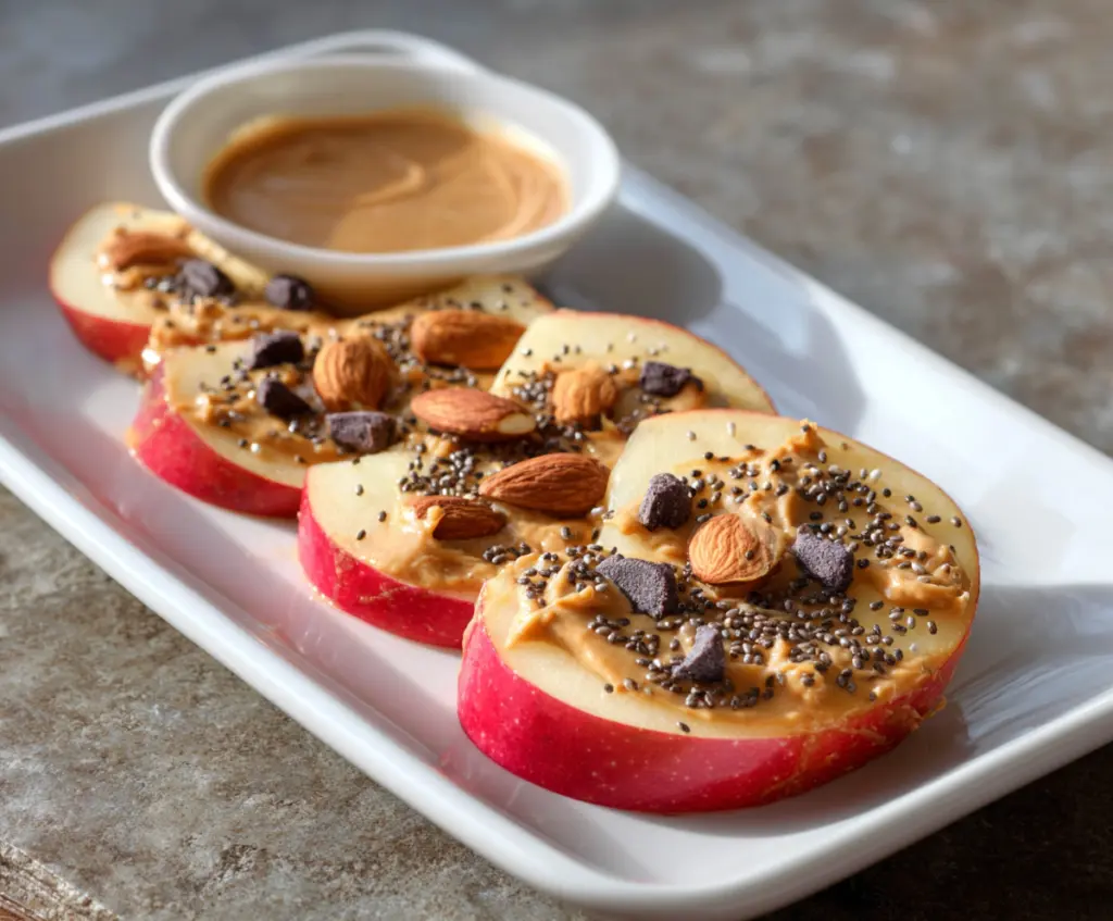 Healthy apple slices topped with creamy almond butter and sprinkled with chia seeds, perfect for a nutritious snack.
