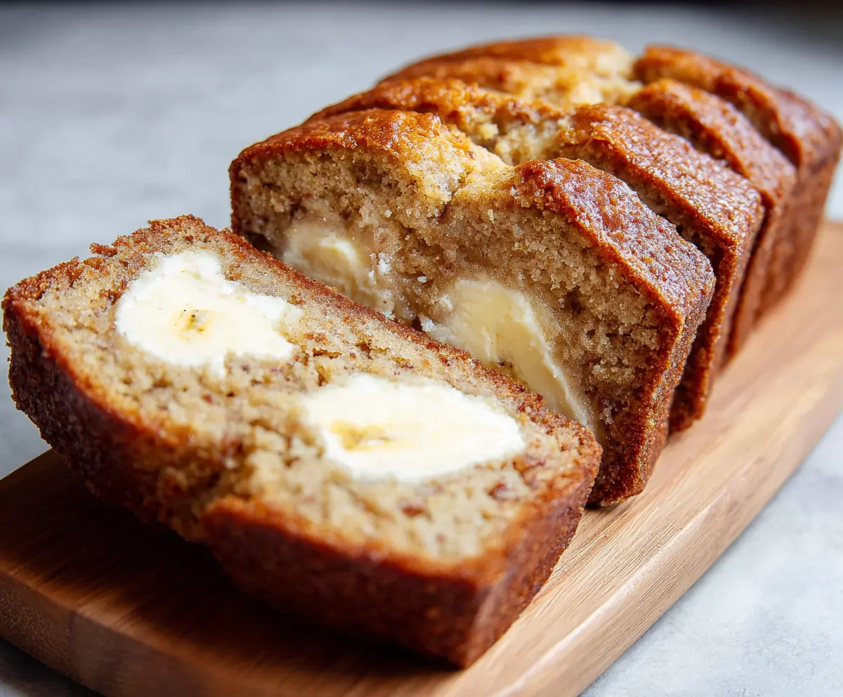 Delicious banana bread with creamy cream cheese filling, perfect for breakfast or dessert.