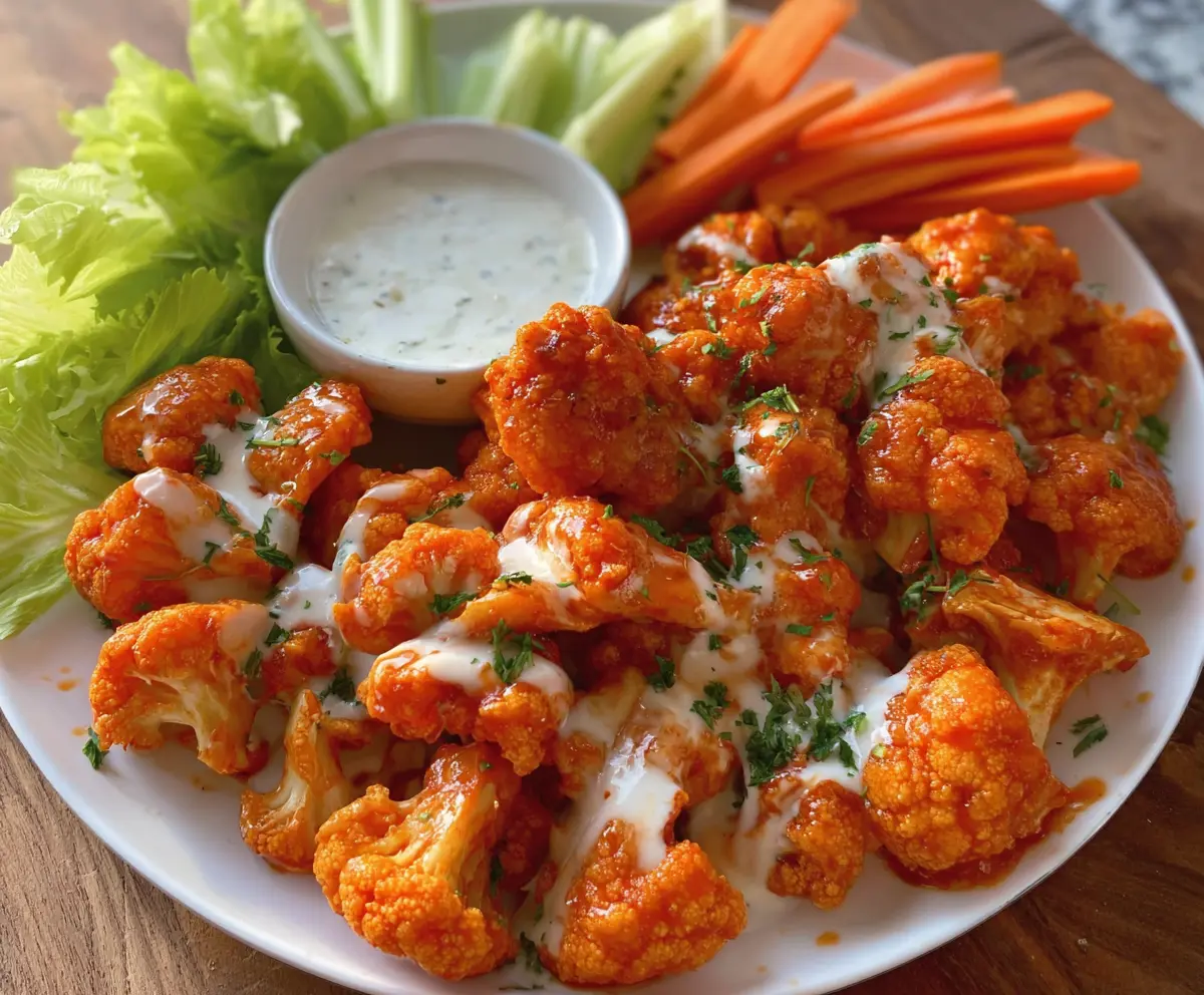 Crispy Buffalo Cauliflower Bites glazed with spicy buffalo sauce on a white plate