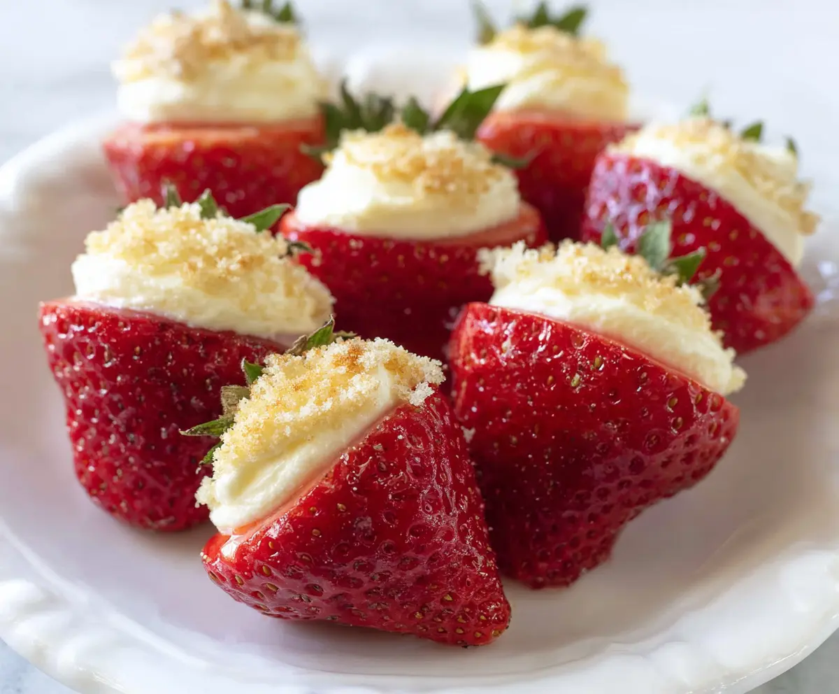 Delicious cheesecake stuffed strawberries garnished with mint for a sweet summer treat.