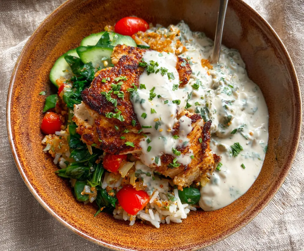 Delicious chicken and rice bowls topped with creamy garlic sauce, perfect for a satisfying meal.