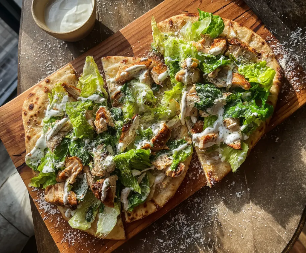 Delicious Chicken Caesar Flatbread topped with grilled chicken, Caesar dressing, and fresh greens.
