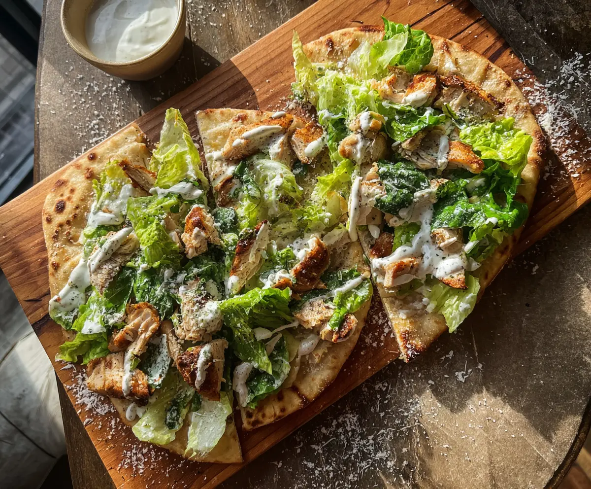 Delicious Chicken Caesar Flatbread topped with grilled chicken, Caesar dressing, and fresh greens.
