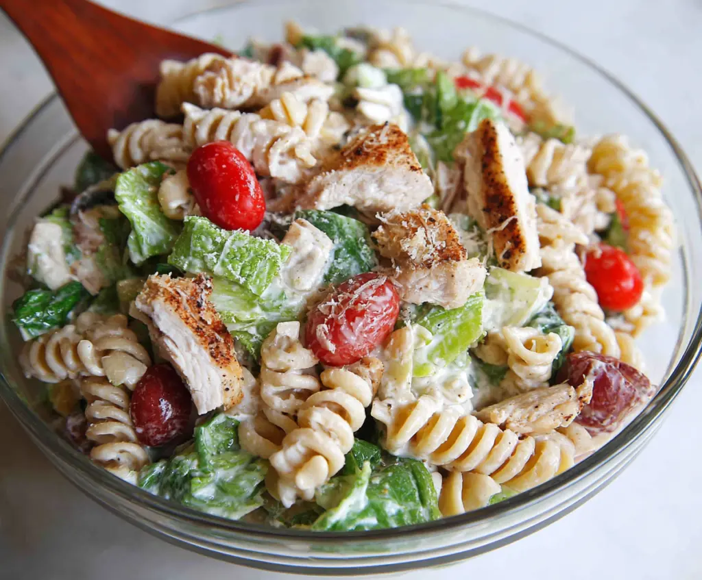Delicious Chicken Caesar Pasta Salad with fresh greens and creamy dressing