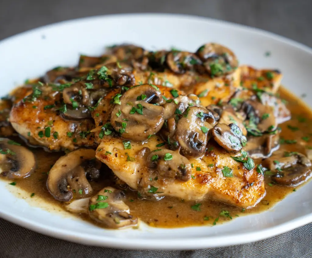 Delicious Chicken Marsala in a skillet with mushrooms and herbs, ready to serve