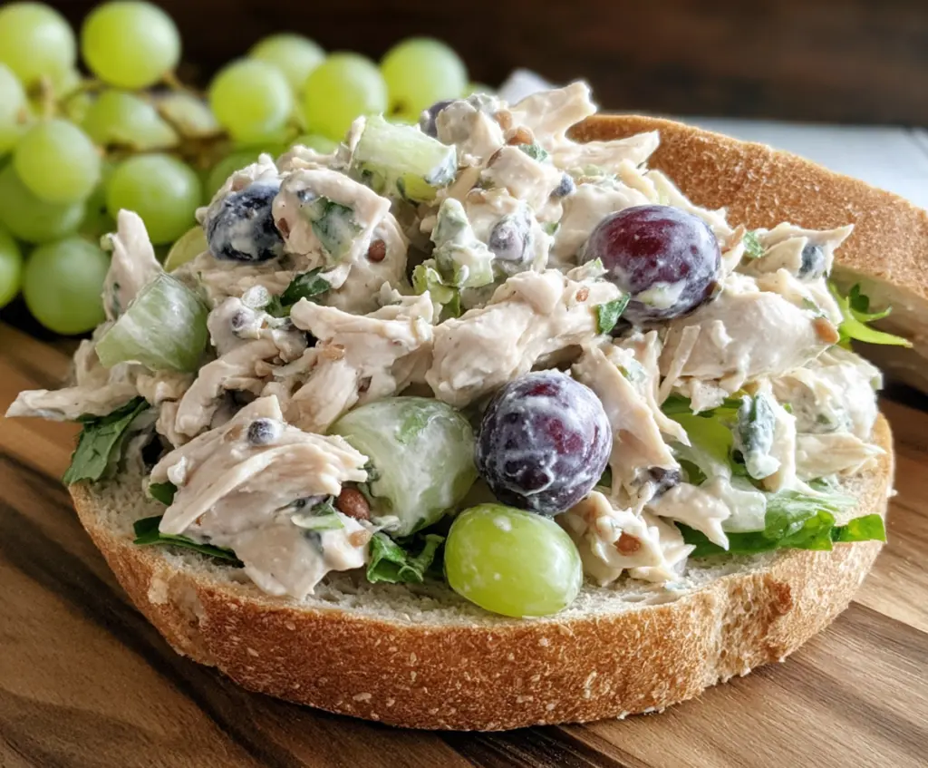 Delicious chicken salad with fresh grapes and mixed greens, perfect for a healthy lunch.