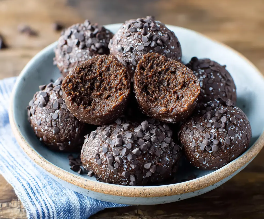 Delicious chocolate brownie protein balls on a plate, perfect for a healthy snack.