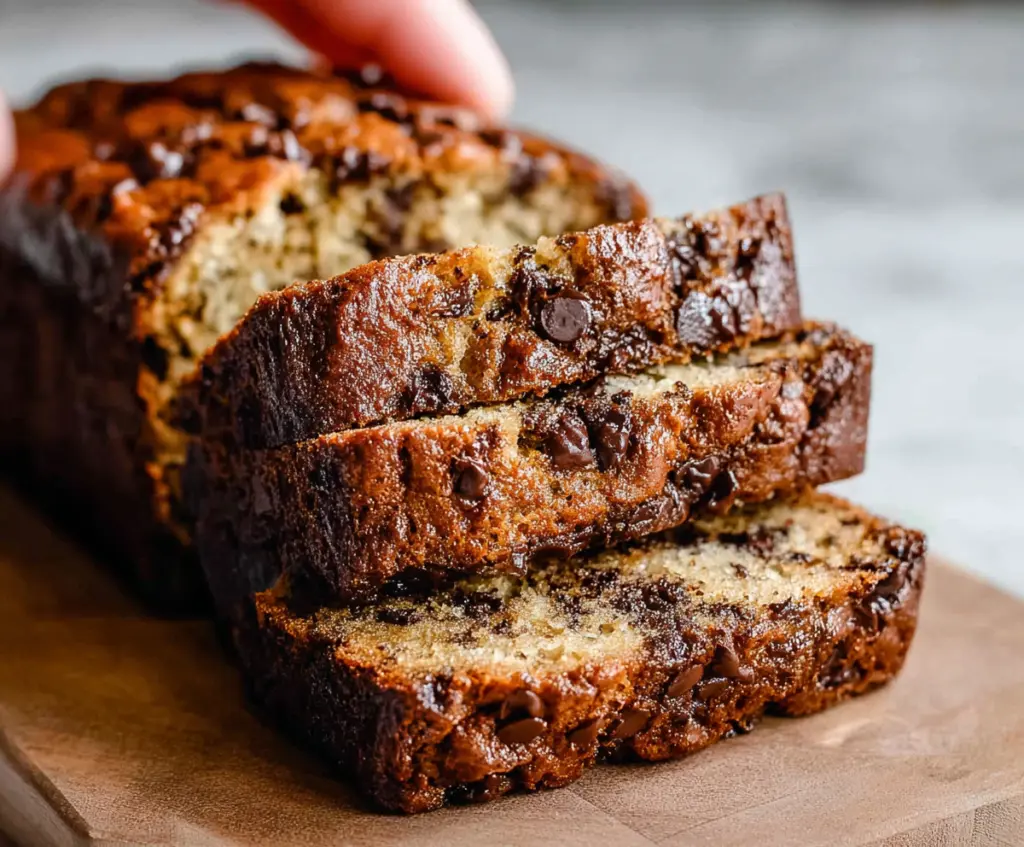 Delicious chocolate chip banana bread sliced and ready to serve on a rustic plate.