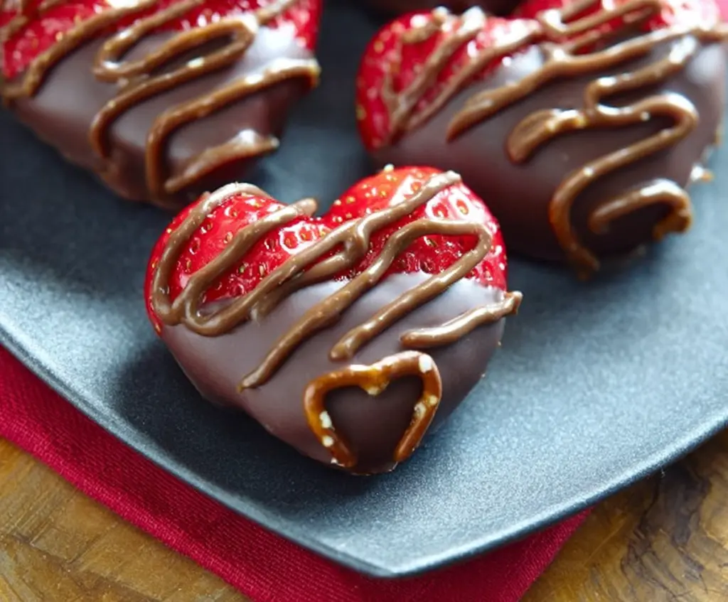 Delicious chocolate-dipped strawberry pretzel hearts for Valentine's Day treats.