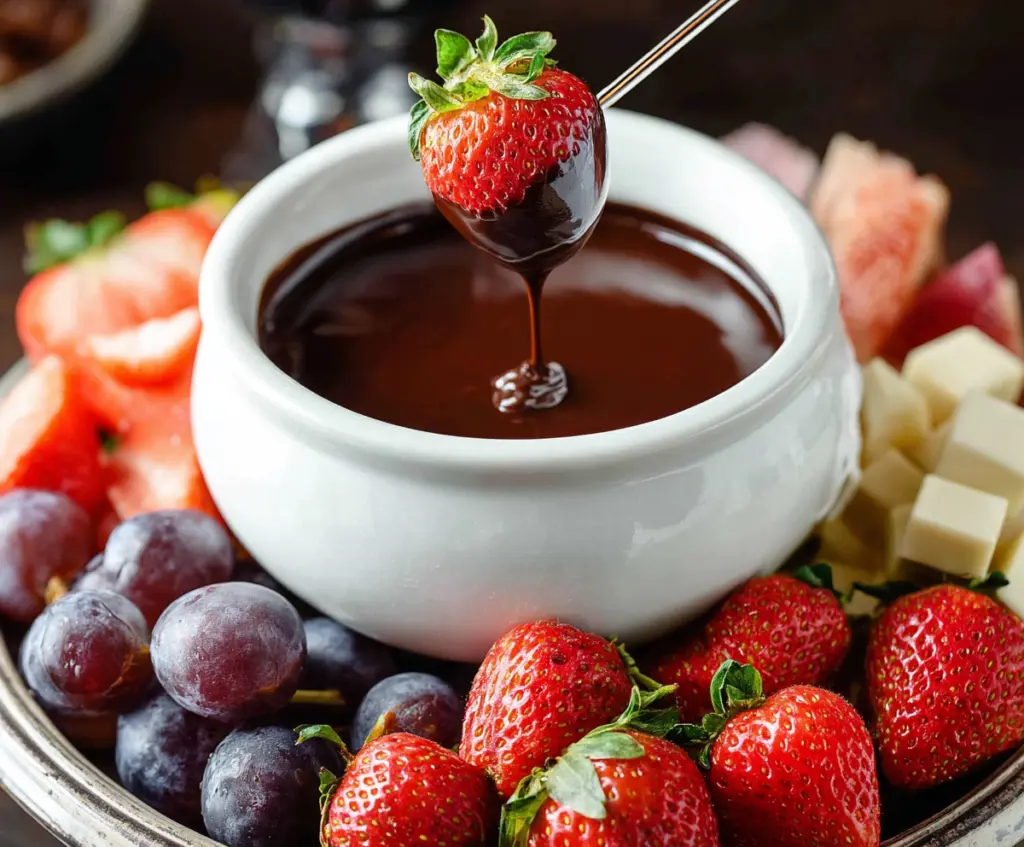 Delicious chocolate fondue for two with fresh fruits and sweet treats