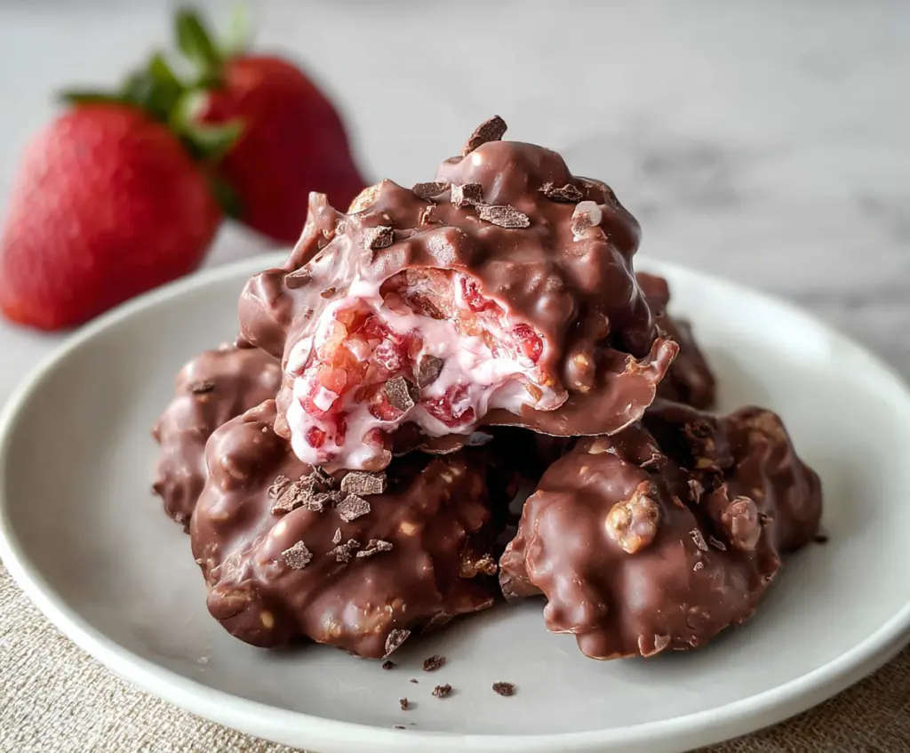 Delicious chocolate strawberry yogurt clusters garnished with fresh strawberries and chocolate drizzle.