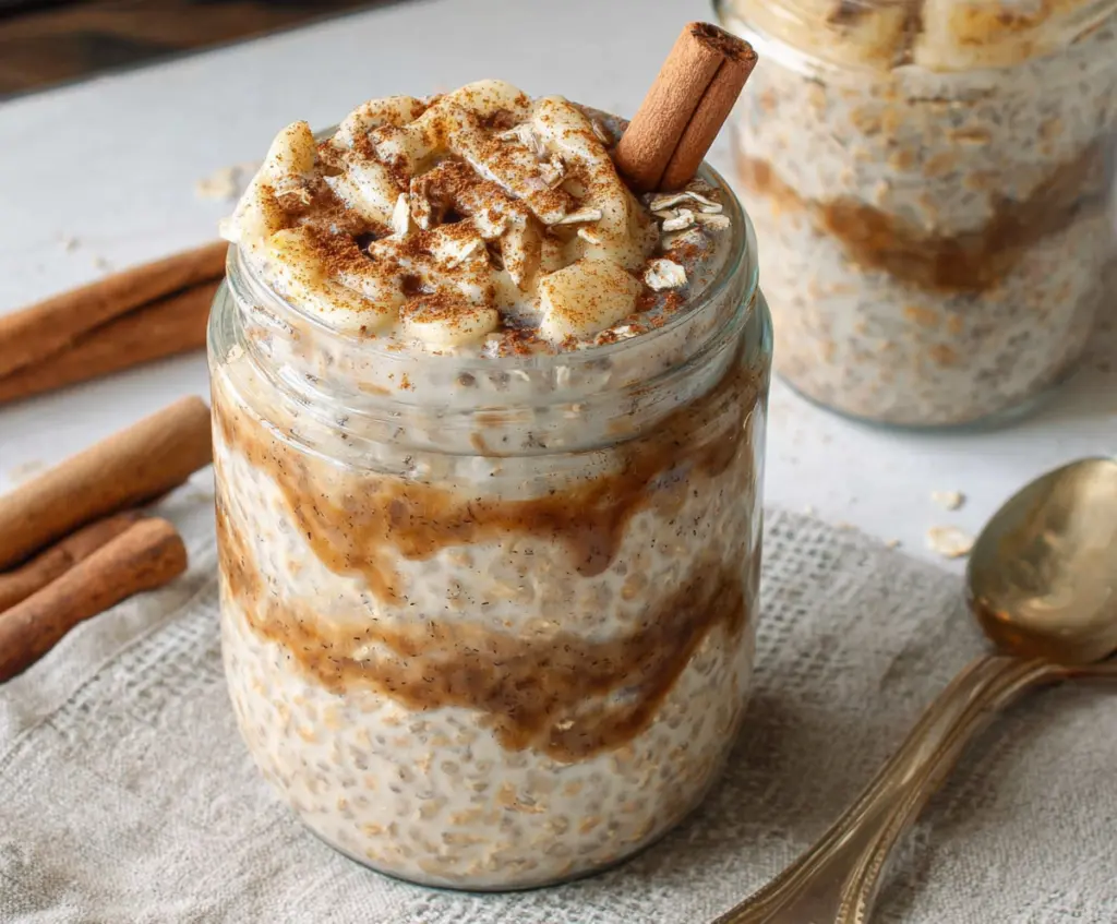 Creamy cinnamon roll overnight oats in a glass jar topped with icing and cinnamon, perfect for a healthy breakfast.