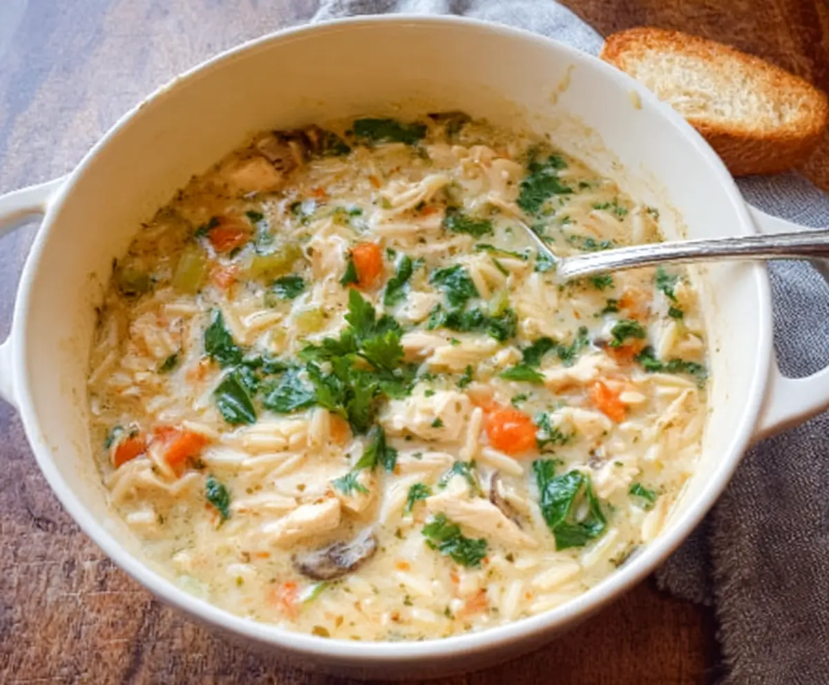 Creamy Chicken Orzo Winter Soup served in a white bowl, garnished with fresh herbs, perfect for cozy meals.