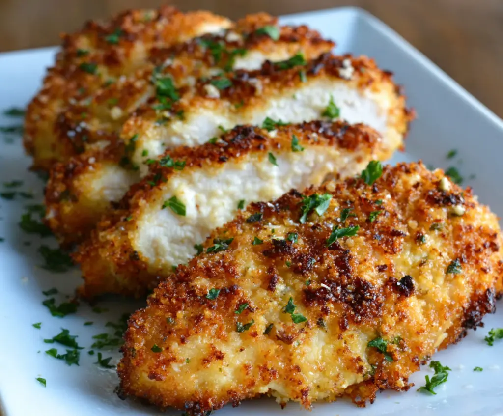 Crispy Air Fryer Parmesan Crusted Chicken served on a plate with a side of vegetables.
