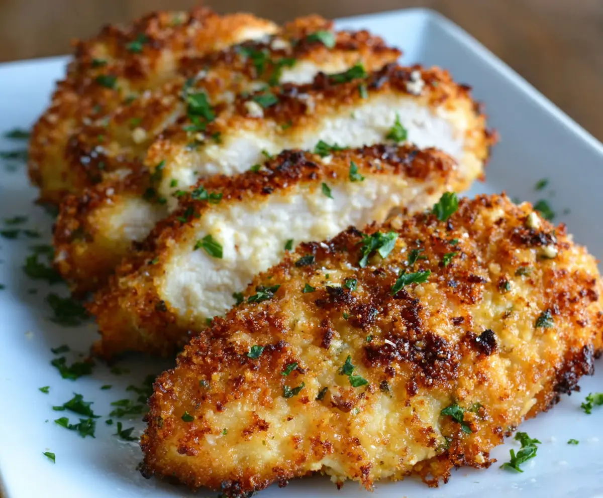 Crispy Air Fryer Parmesan Crusted Chicken served on a plate with a side of vegetables.