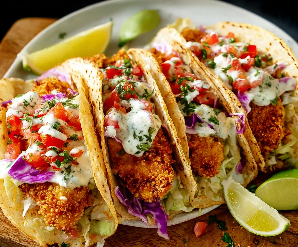 Delicious crispy chicken tacos topped with fresh vegetables and melted cheese.