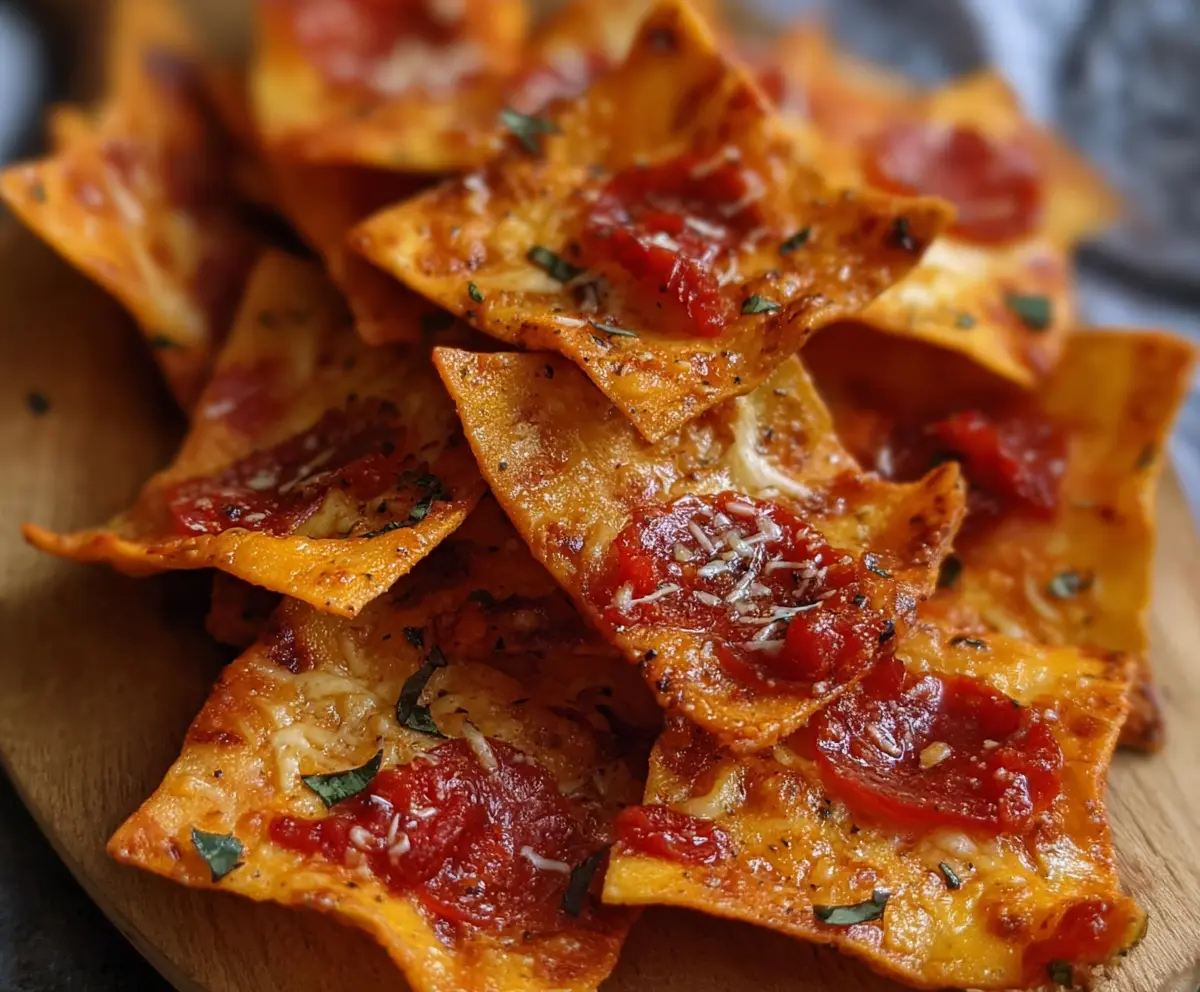 Golden crispy pizza chips with gooey cheese and pepperoni slices, perfect for snack time.